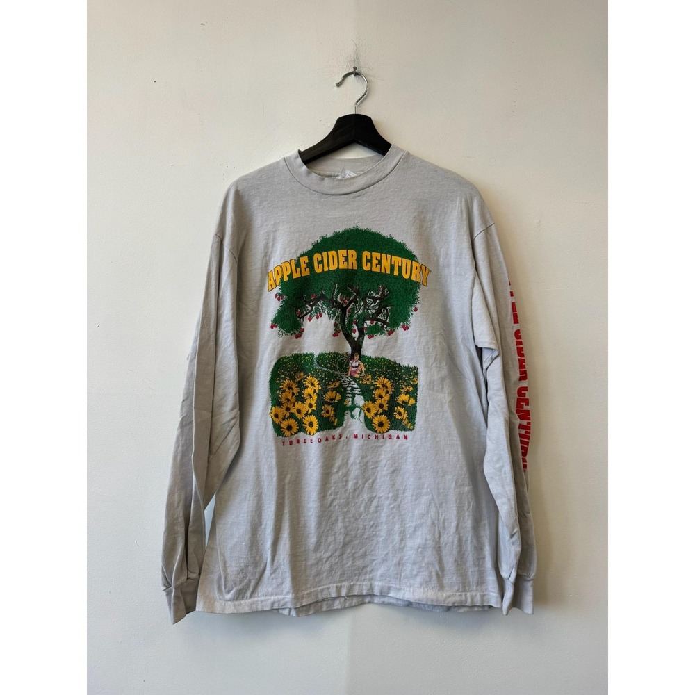 Vintage Apple Cider Century Shirt Mens Large Gray Hanes Long Sleeve Cycling 90s